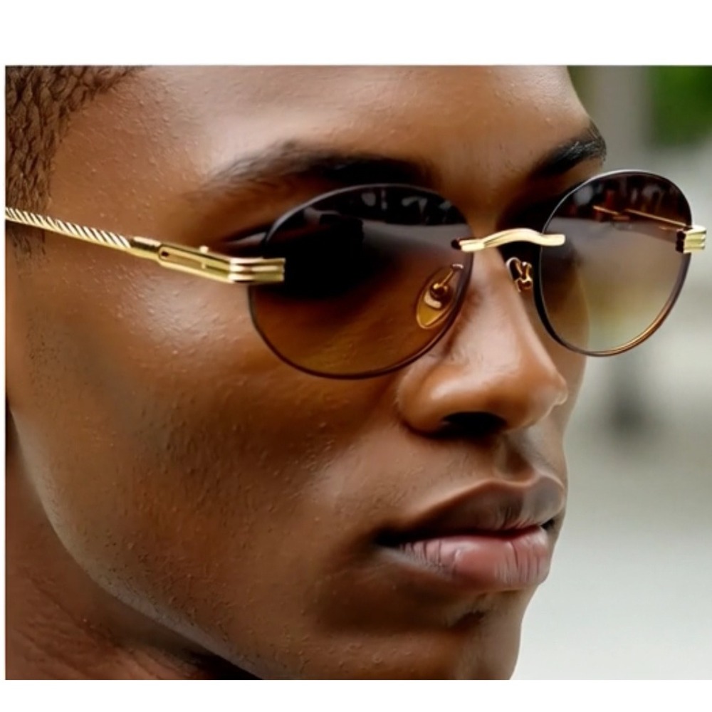 Oval Sunglasses Gold Frame Brown Lens Rimless Vintage‎ Style Men Trendy Hip Hop